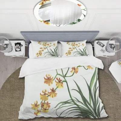 Design Art Yellow Vintage Orchids - Traditional Duvet Cover Set - Microfiber Polyester