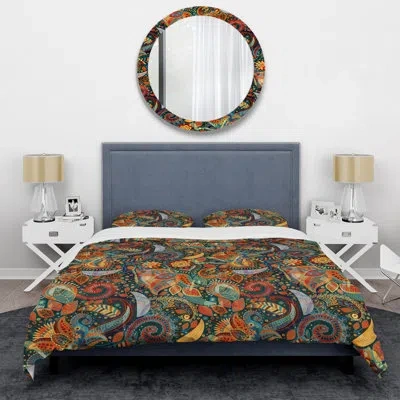 Design Art Yellow/gold/green Microfiber - Traditional Comforter Set 4 Pcs In Blue;orange
