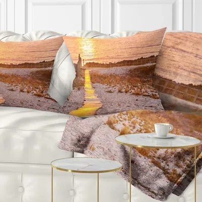 Design Art Yellowish Boardwalk Into Seashore - Pier & Bridge Printed Pillow