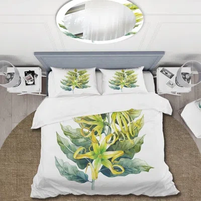 Design Art Ylang Flower - Traditional Duvet Cover Set - Microfiber Polyester In Green