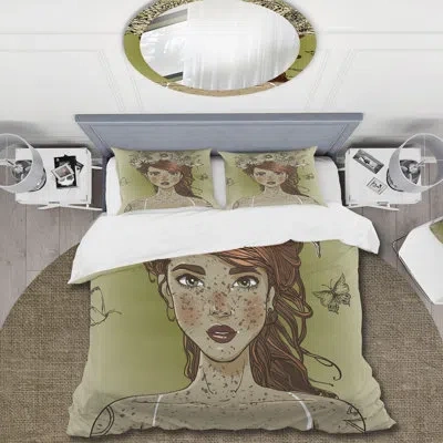 Design Art Young Beautiful Woman With Flower Garland - Modern Duvet Cover Set - Microfiber Polyester In Green,brown