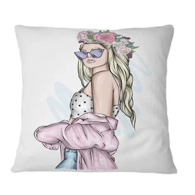 Design Art Young Stylish Woman With Sunglasses I - Modern Printed Throw Pillow In White;pink