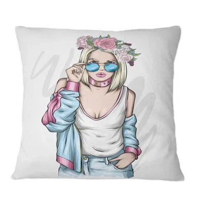 Design Art Young Stylish Woman With Sunglasses Ii - Modern Printed Throw Pillow In Blue;white