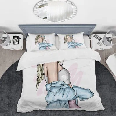 Design Art Young Stylish Woman With Sunglasses Iii - Modern Duvet Cover Set - Microfiber Polyester In Blue,white