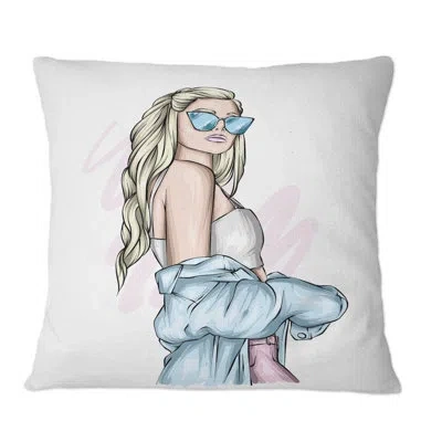 Design Art Young Stylish Woman With Sunglasses Iii - Modern Printed Throw Pillow In Blue;white