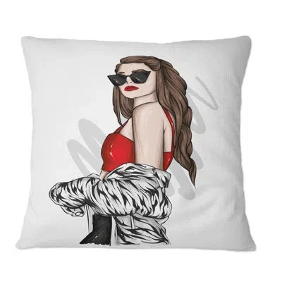 Design Art Young Stylish Woman With Sunglasses Iv - Modern Printed Throw Pillow In White;red