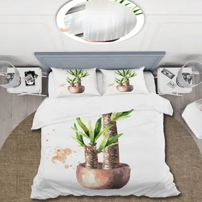 Design Art Yucca Tree In The Ceramic Flower Pot - Traditional Duvet Cover Set - Microfiber Polyester In Green,brown,white