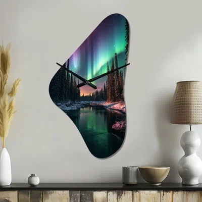 Design Art Yukon Northern Lights Beauty Iv - Canada Unique Shape Metal Clock, Traditional Asymmetrical Wall Clo In Green;pink
