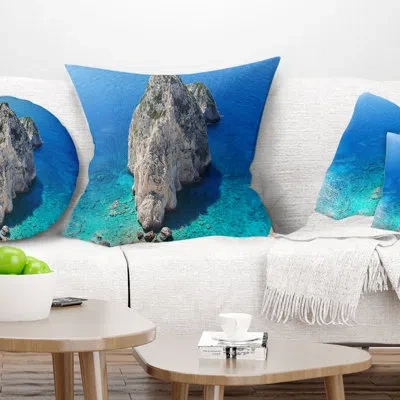 Design Art Zakynthos Beautiful Rocky Coast - Sea & Shore Printed Pillow In Blue