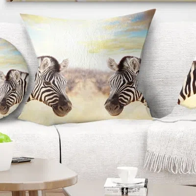 Design Art Zebras Face To Face At Sunset - Animal Printed Pillow In White