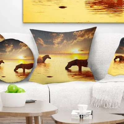 Design Art Zebras In Water At Sunset - Animal Printed Pillow In Yellow