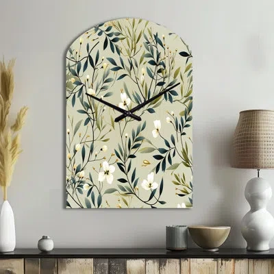 Design Art Zen Foliage - Plants Arch Metal Clock, Green Asymmetrical Metal Clock Print In White;green
