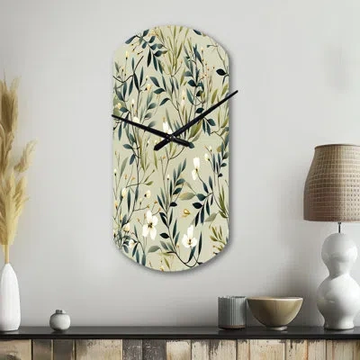 Design Art Zen Foliage - Plants Asymmetrical Metal Wall Clock, Green Unique Shape Metal Wall Clock Print In White;green