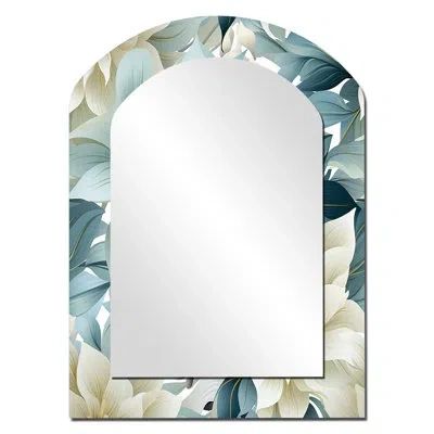 Design Art Zen Grey And White Flower Elegance - Floral Asymmetrical Decorative Mirror, White Arch Wall Mirror,  In Blue;white