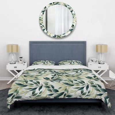 Design Art Zen Leaf Patterns I - Plants Duvet Cover Set - Microfiber Polyester In White;green