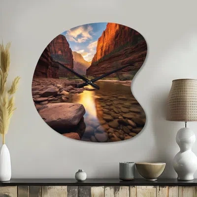 Design Art Zion National Park Utah - Utah Asymmetrical Metal Wall Clock, Grey Irregular Shape Wall Clock Print In Brown;gray