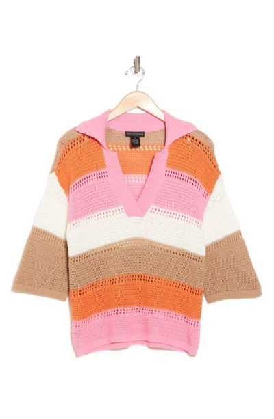 Design History Colorblock Short Sleeve Open Knit Polo Sweater In Pink Crush Combo