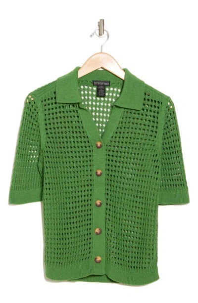 Design History Crochet Short Sleeve Button-up Sweater In Basil