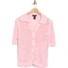 Design History Crochet Short Sleeve Button-up Sweater In Sugar Plum