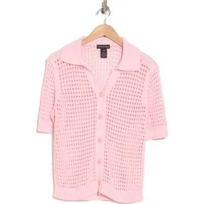 Design History Crochet Short Sleeve Button-up Sweater In Sugar Plum