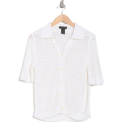 Design History Crochet Short Sleeve Button-up Sweater In White