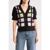 Design History Crochet Square Short Sleeve Cardigan In Black Combo