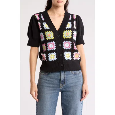 Design History Crochet Square Short Sleeve Cardigan In Black Combo