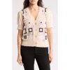 Design History Crochet Square Short Sleeve Cardigan In Oat Combo