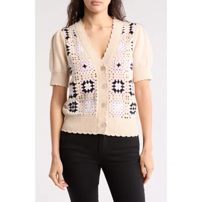 Design History Crochet Square Short Sleeve Cardigan In Oat Combo