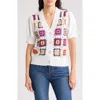 Design History Crochet Square Short Sleeve Cardigan In White Combo
