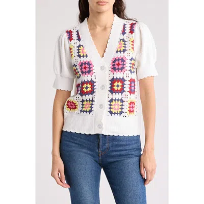 Design History Crochet Square Short Sleeve Cardigan In White Combo