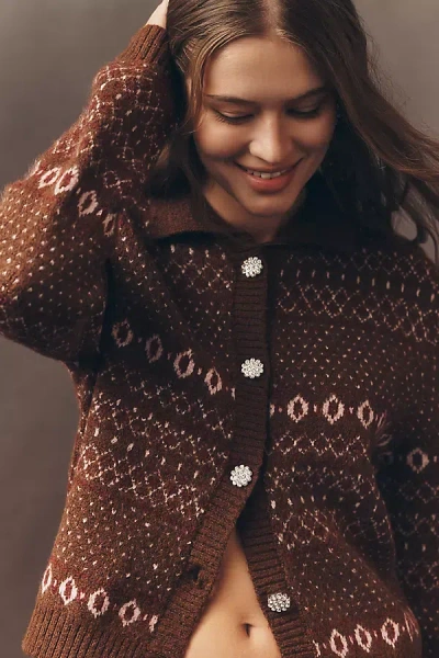 Design History Fair Isle Cardigan Sweater In Brown