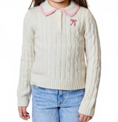 Design History Kids' Girl's Bow Collared Sweater In Cream In Beige