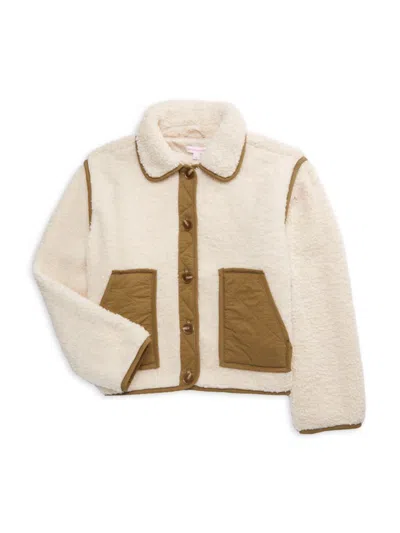 Design History Kids' Girl's Contrast-trim Faux Fur Jacket In Beige Combo