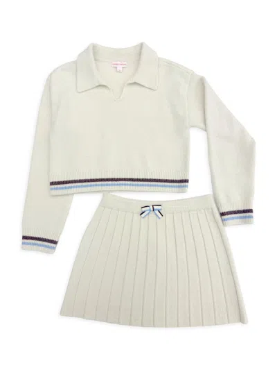Design History Girl's Polo Sweater & Skirt Set In Tan Suede