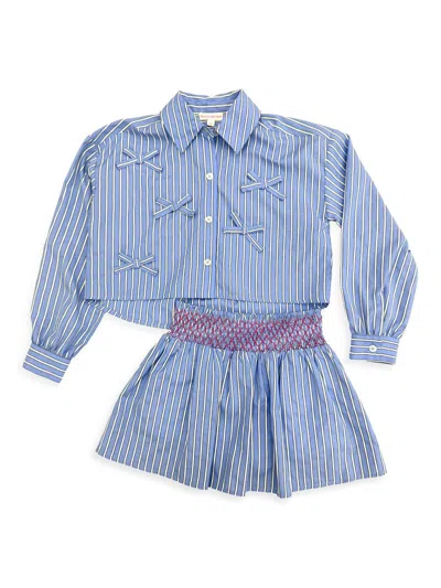 Design History Girl's Striped Bow-accented Shirt & Smocked Skirt Set In Oxford Blue Combo