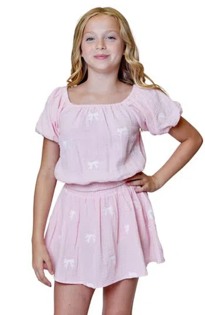 Design History Kids' Bow Embroidered Gauze Bubble Sleeve Top & Skirt Set In Pink