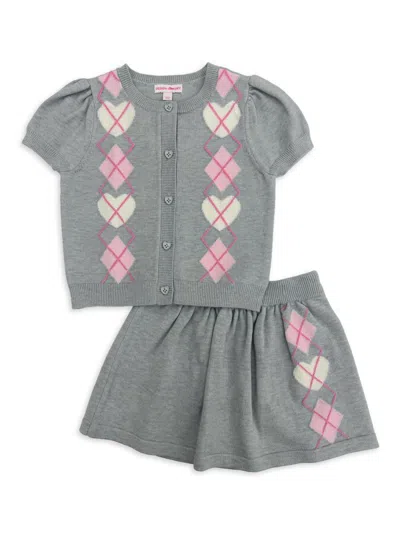 Design History Little Girl's Argyle Short-sleeve Cardigan & Skirt Set In Grey Heather Combo