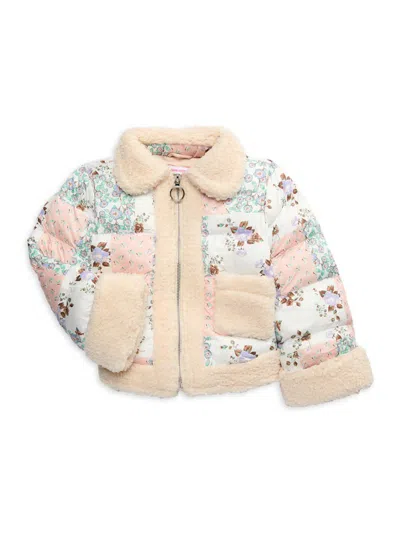 Design History Kids' Little Girl's Faux Fur Quilted Puffer Jacket In Ivory Floral