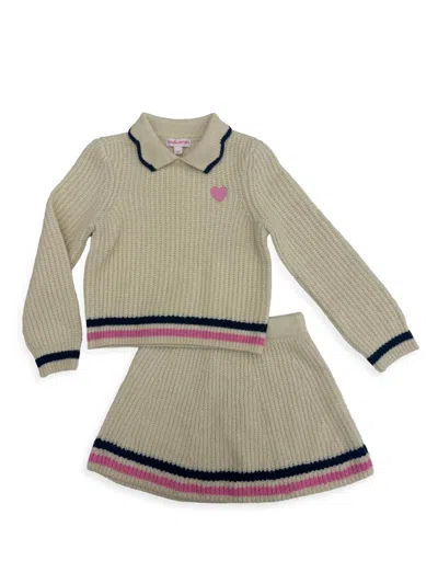 Design History Little Girl's Knit Polo Sweater & Skirt Set In Tan Suede Combo