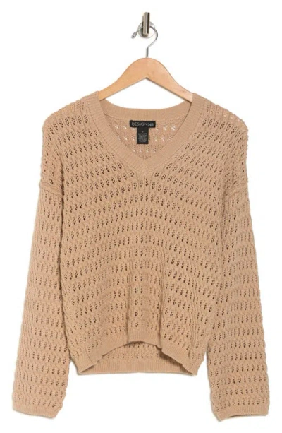 Design History Open Stitch V-neck Sweater In Brown