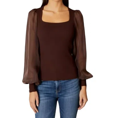 Design History Ribbed Top With Sheer Sleeve In Brown