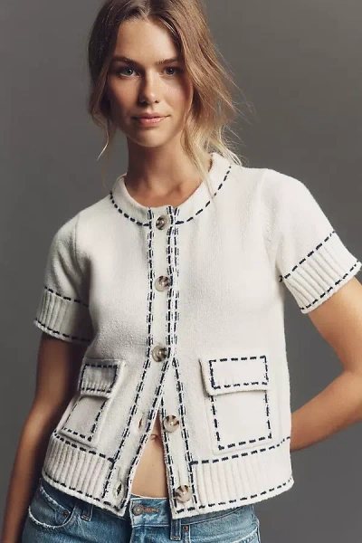 Design History Short-sleeve Stitched Cardigan Sweater In White