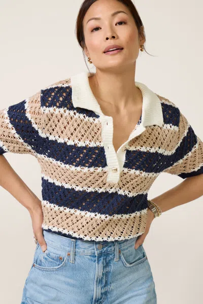 Design History Tatum Stripe Open Stitch Polo Sweater In Brown