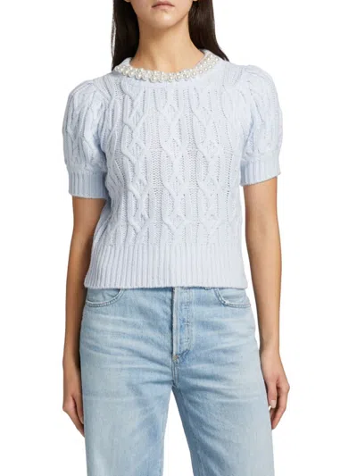 Design History Women's Faux Pearl Cable-knit Short-sleeve Sweater In Blue