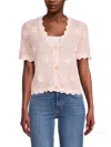 Design History Women's Floral Scalloped Crochet Cardigan In Shell Pink