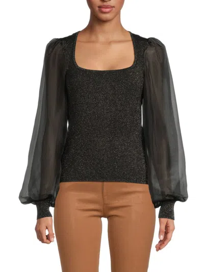 Design History Women's Glitter Puff-sleeve Top In Black