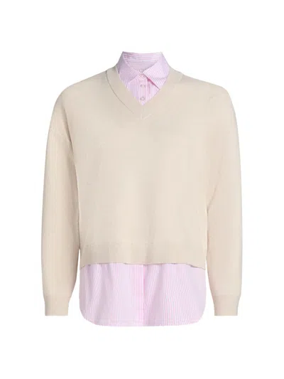 Design History Women's Layered Striped Shirt & Sweater Top In Nude