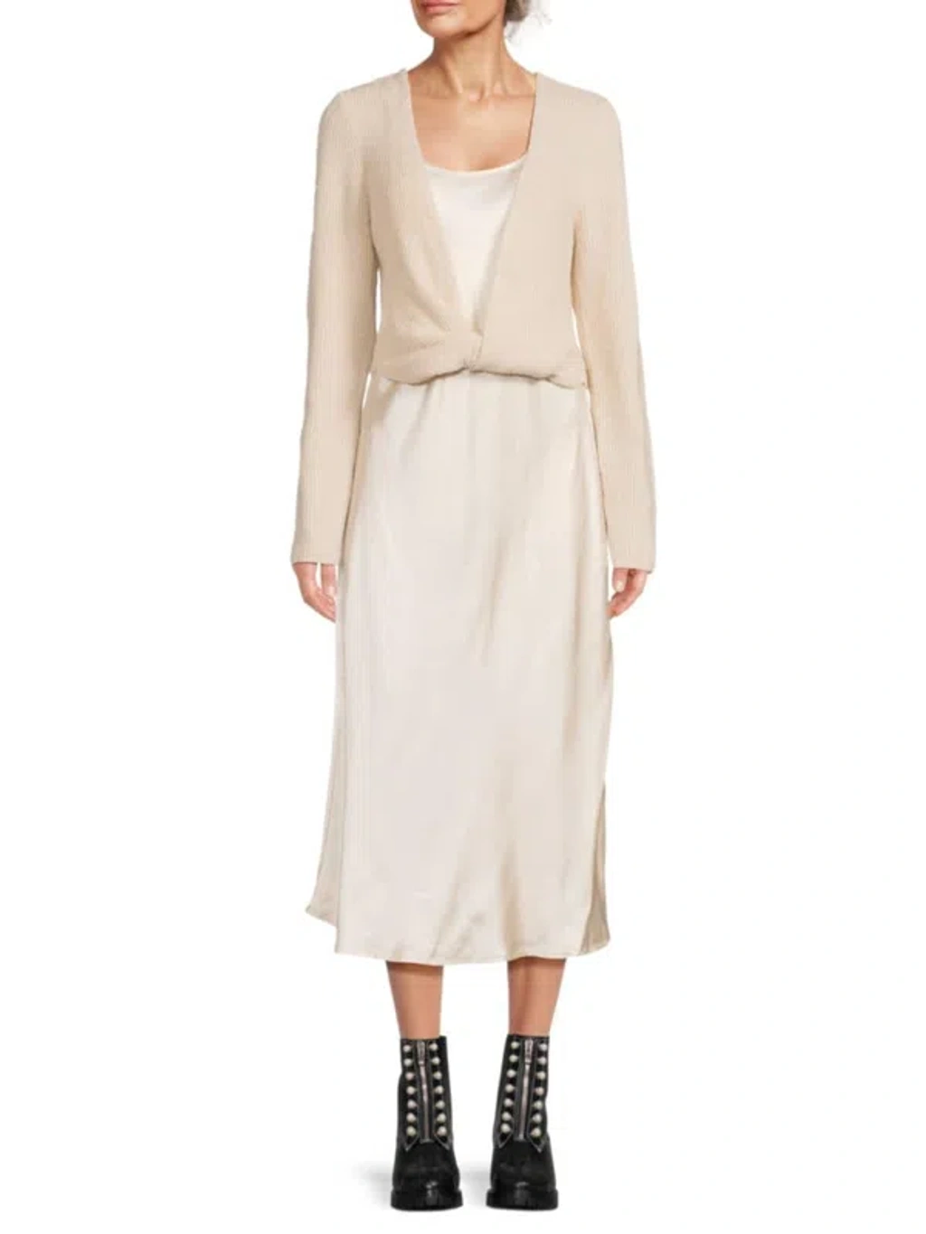 Design History Women's Nat 2-piece Twisted Sweater & Satin Midi Dress Set  In Champagne | ModeSens