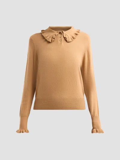 Design History Women's Sophie Ruffle Collar Polo Top In Camel